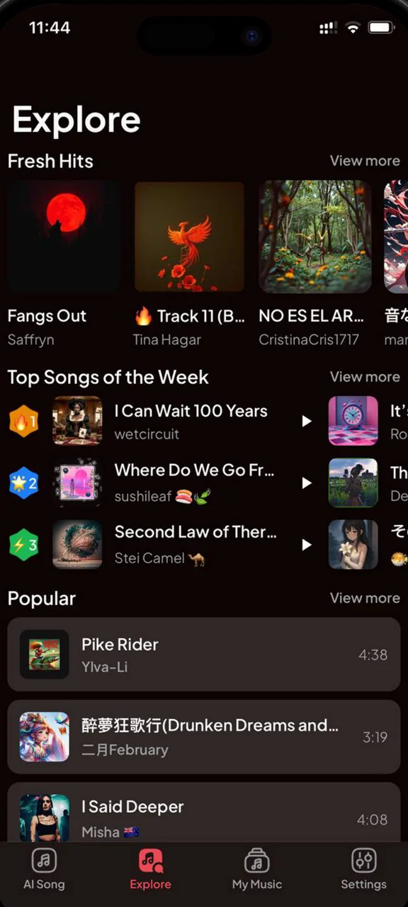 The Melody AI app showing its Explore feed of songs made by the community